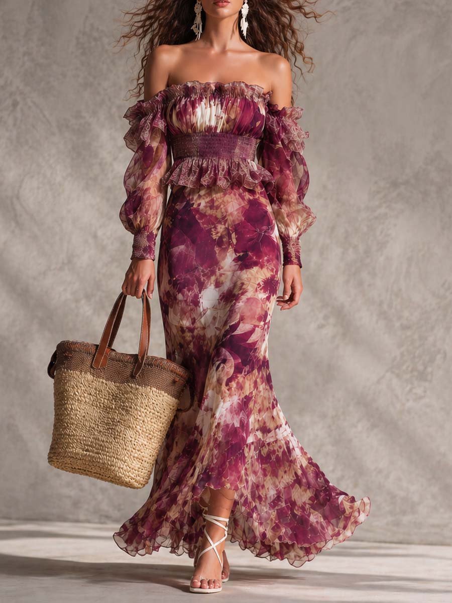 Vestido Maxi de Chiffón Rosa Floral con Hombros Descubiertos