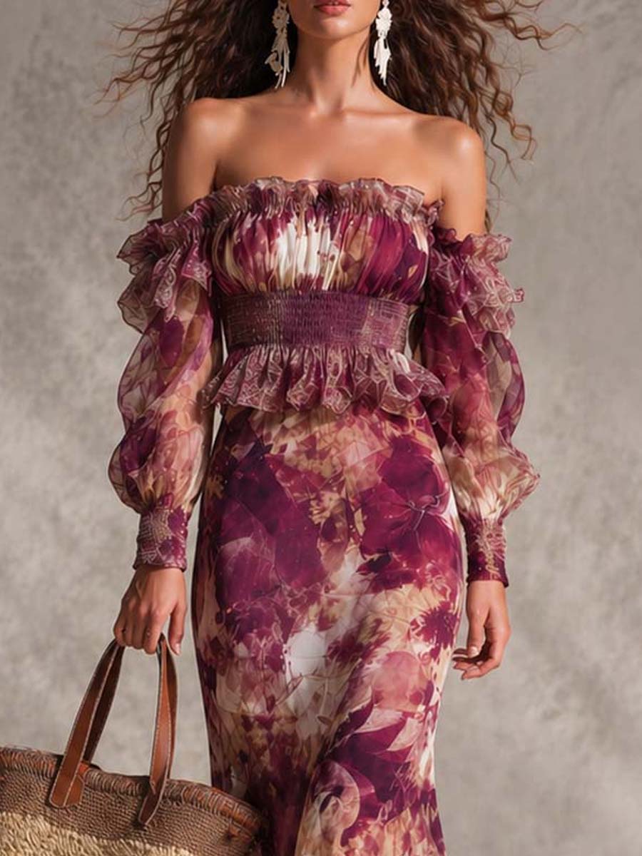 Vestido Maxi de Chiffón Rosa Floral con Hombros Descubiertos