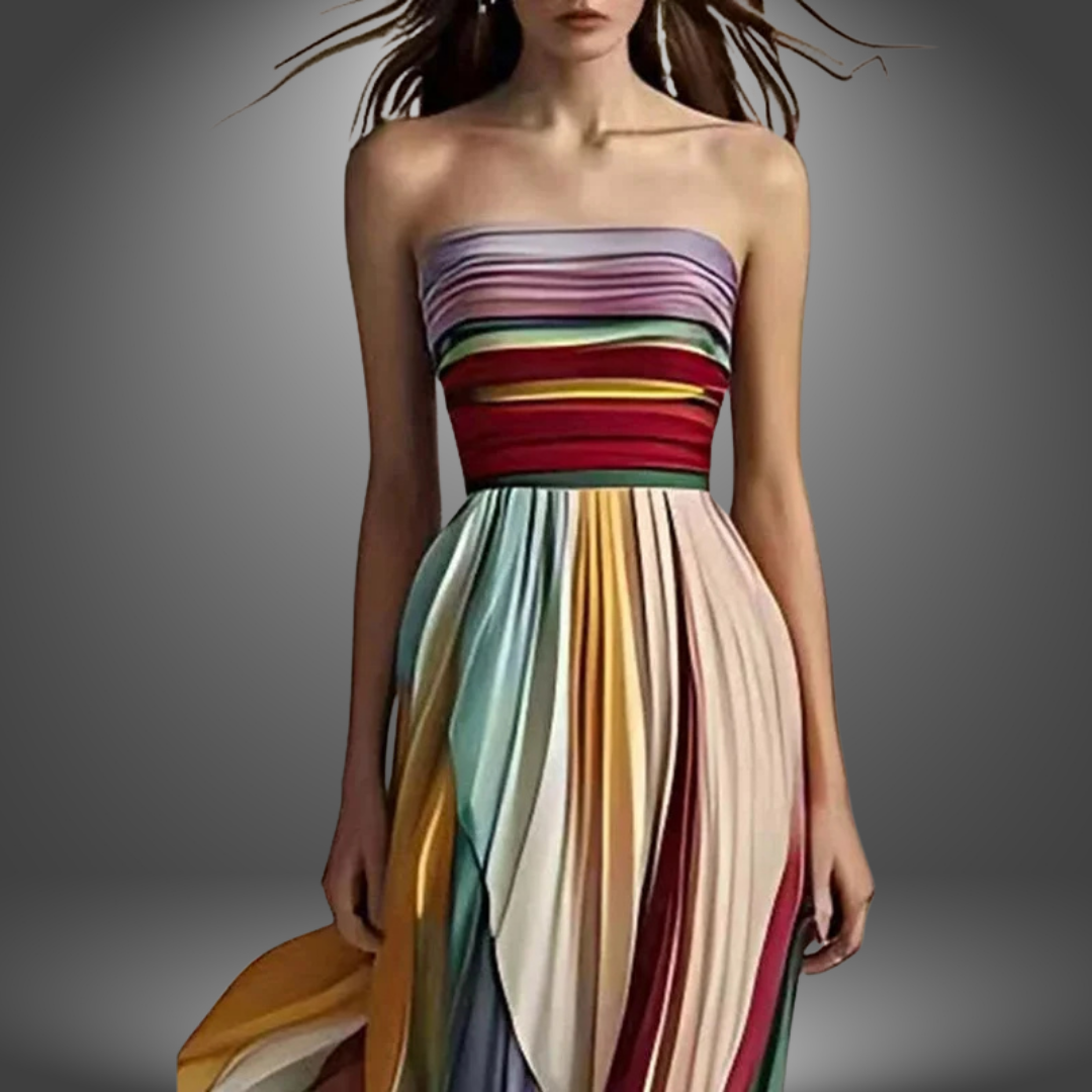 Abigail | Off-shoulder Färgglad Plisserad Maxiklänning