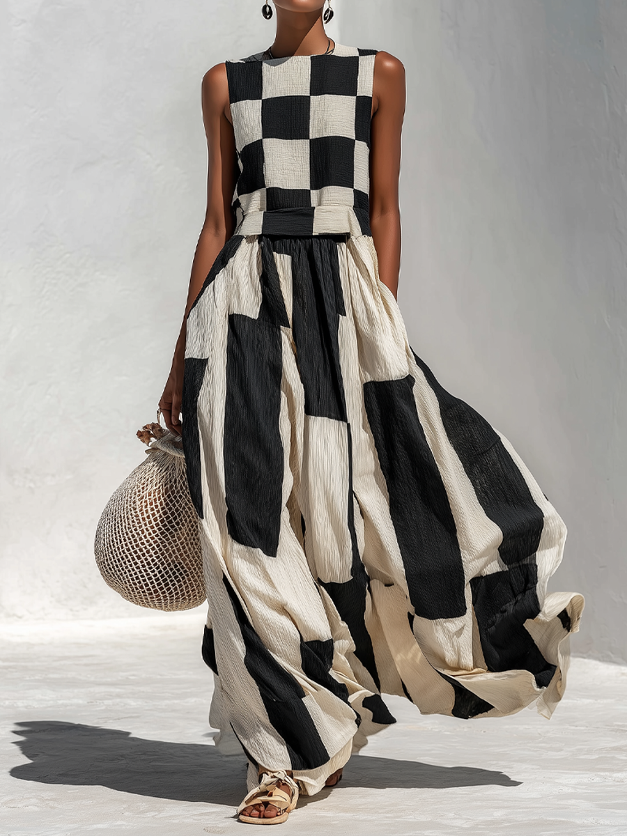 Vestido Maxi Sin Mangas con Patrón de Cuadros y Rayas