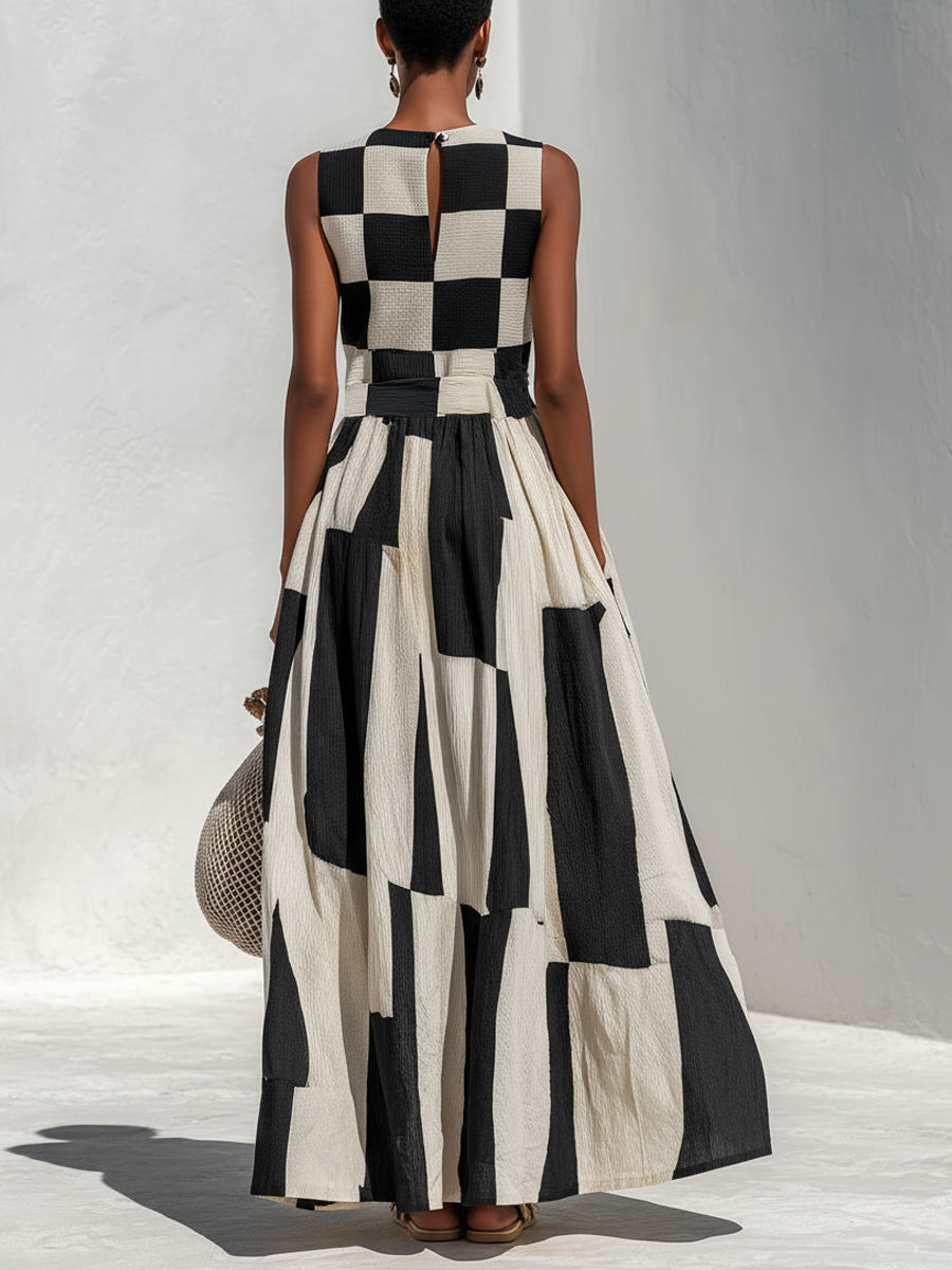 Vestido Maxi Sin Mangas con Patrón de Cuadros y Rayas