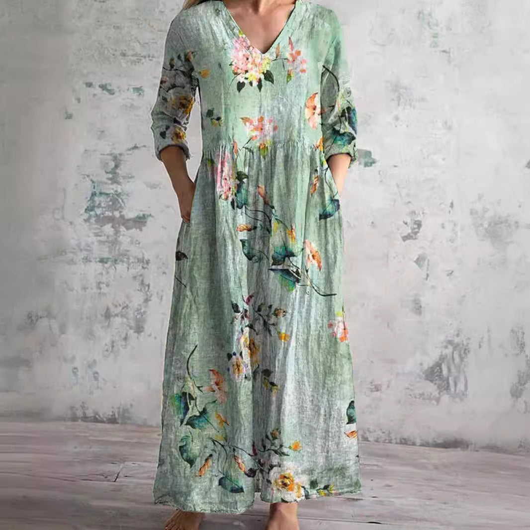 Dearyn | Sommar Maxi Klänning med V-ringning och Blommönster