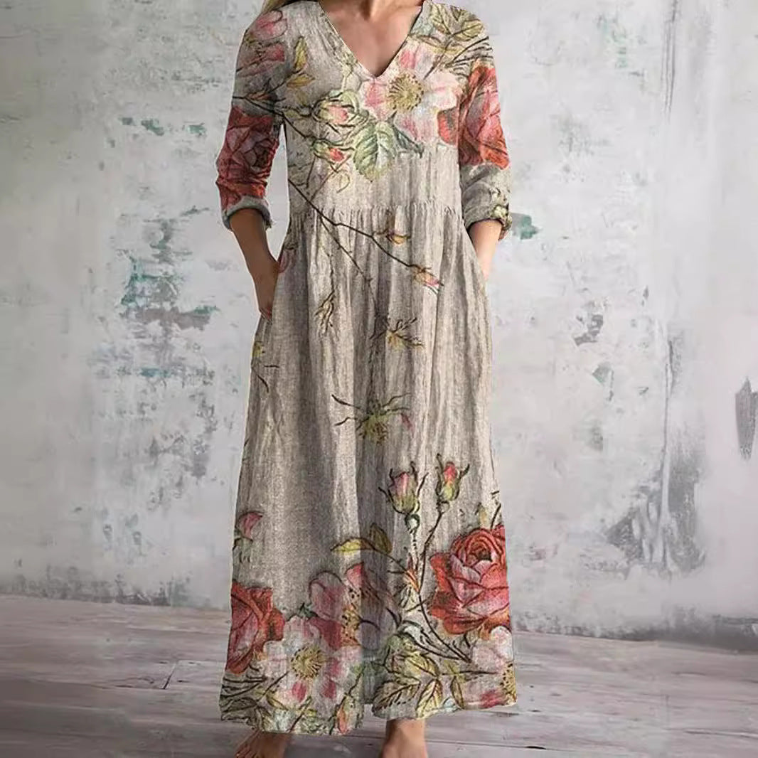 Dearyn | Sommar Maxi Klänning med V-ringning och Blommönster