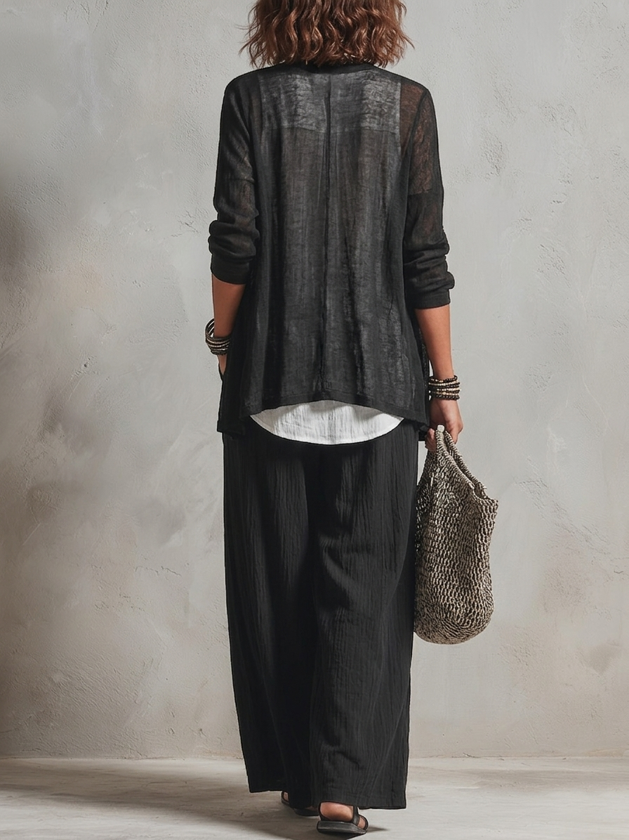 Conjunto de tres piezas: Cárdigan minimalista en capas y pantalones de pierna ancha