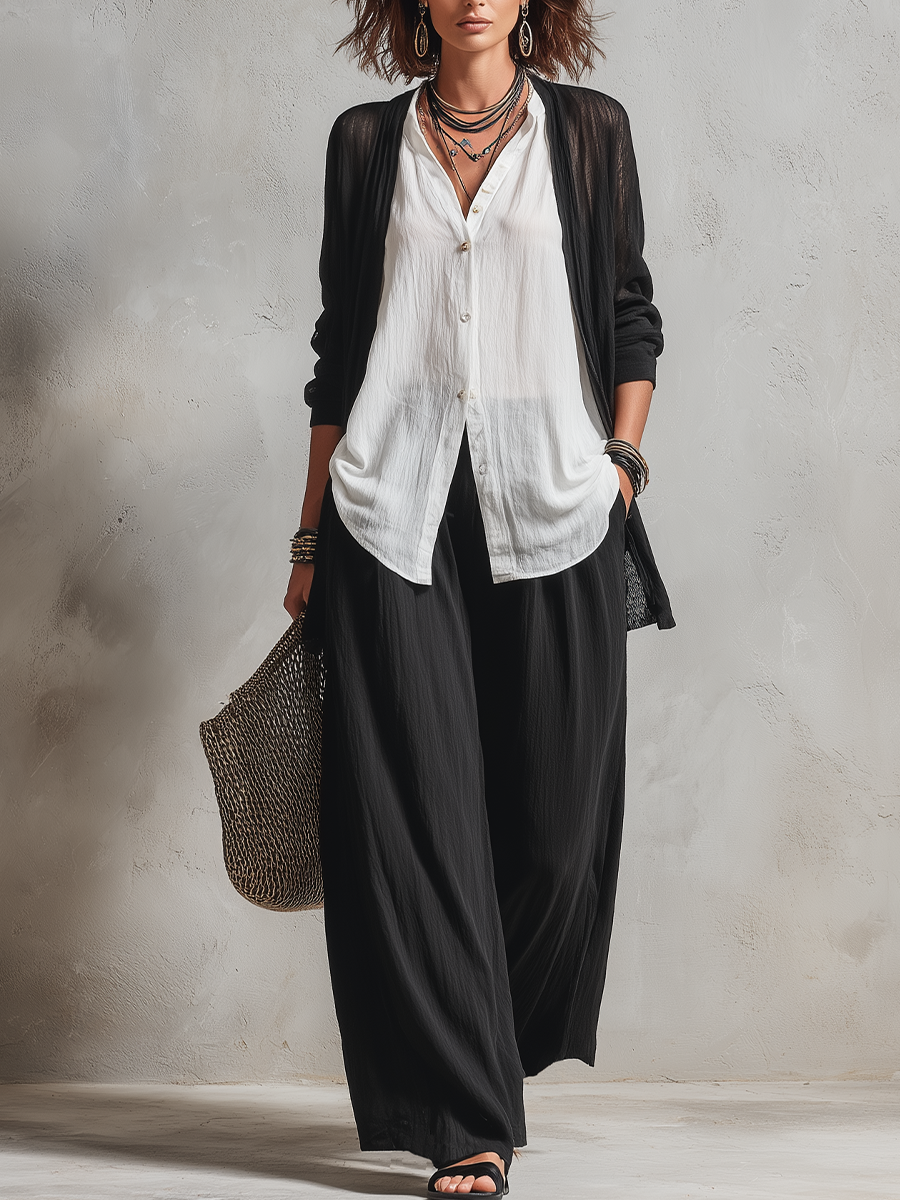 Conjunto de tres piezas: Cárdigan minimalista en capas y pantalones de pierna ancha