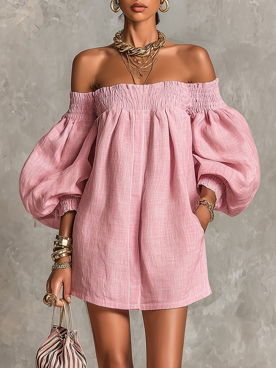 Vestido Mini A-line Suelto de Manga Lantern Rosa