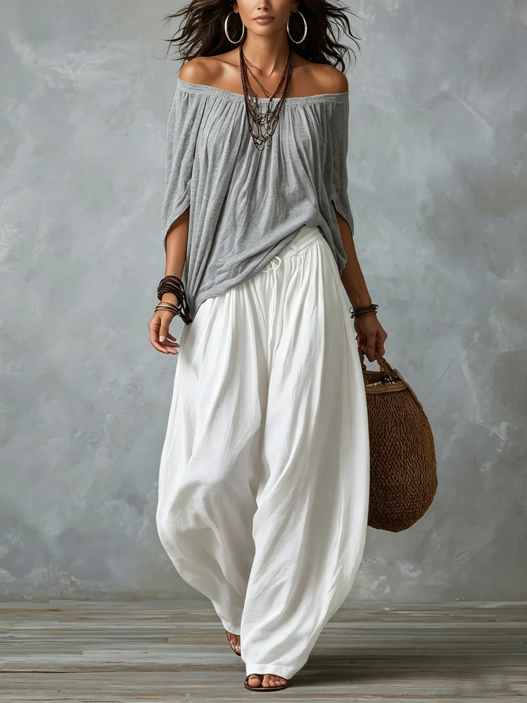 Top Gris Off-Shoulder y Pantalones Lantern Blancos Sueltos
