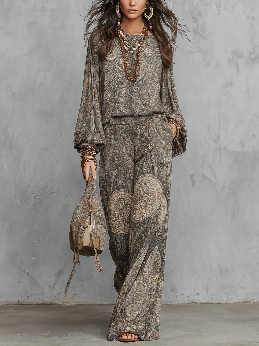 Top de Manga Larga con Patrón Paisley Gris y Traje de Pantalones de Pierna Ancha