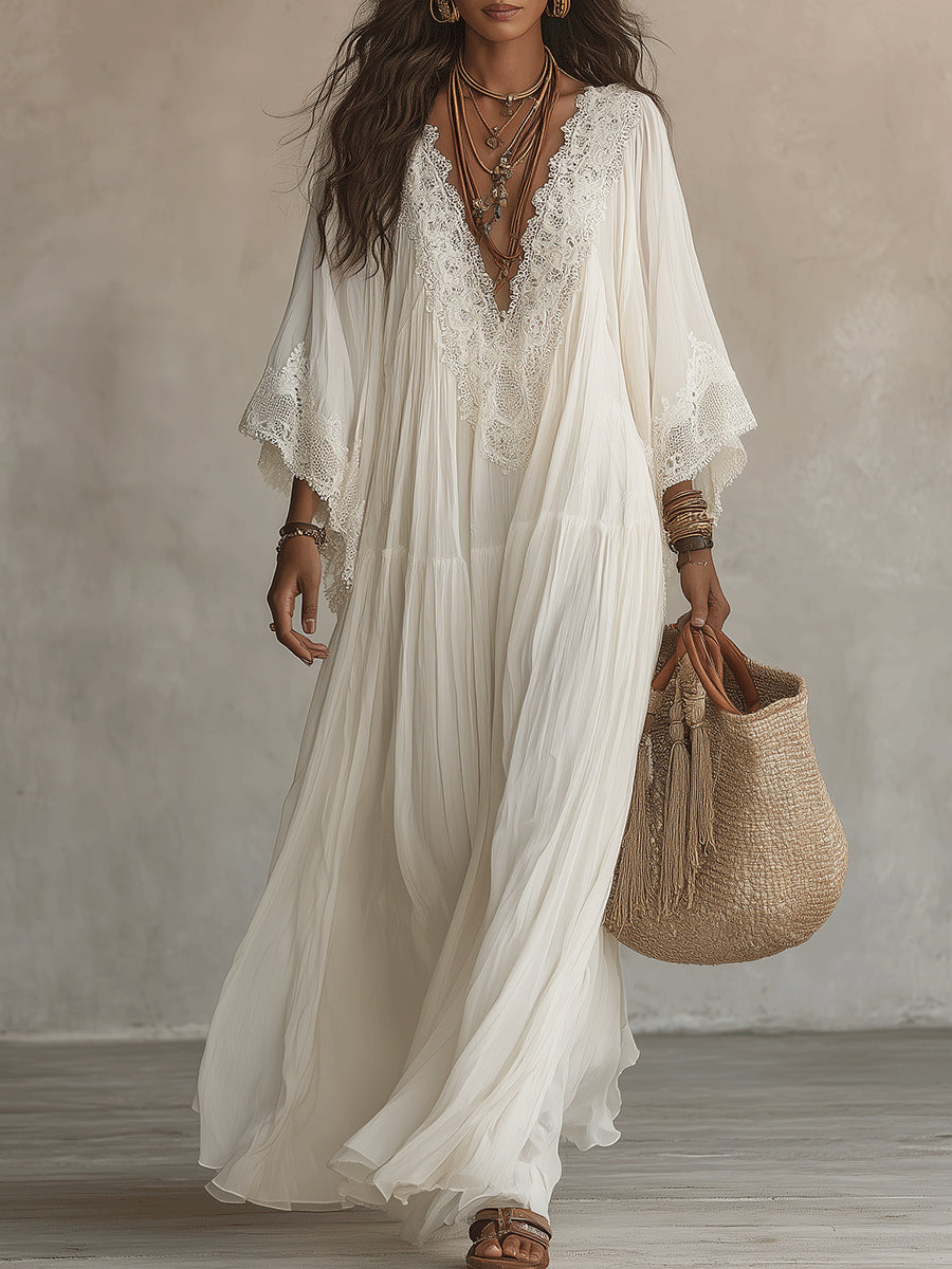 Vestido Maxi de Chifón Blanco con Encaje y Manga Murciélago en V