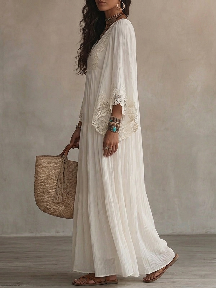 Vestido Maxi de Chifón Blanco con Encaje y Manga Murciélago en V