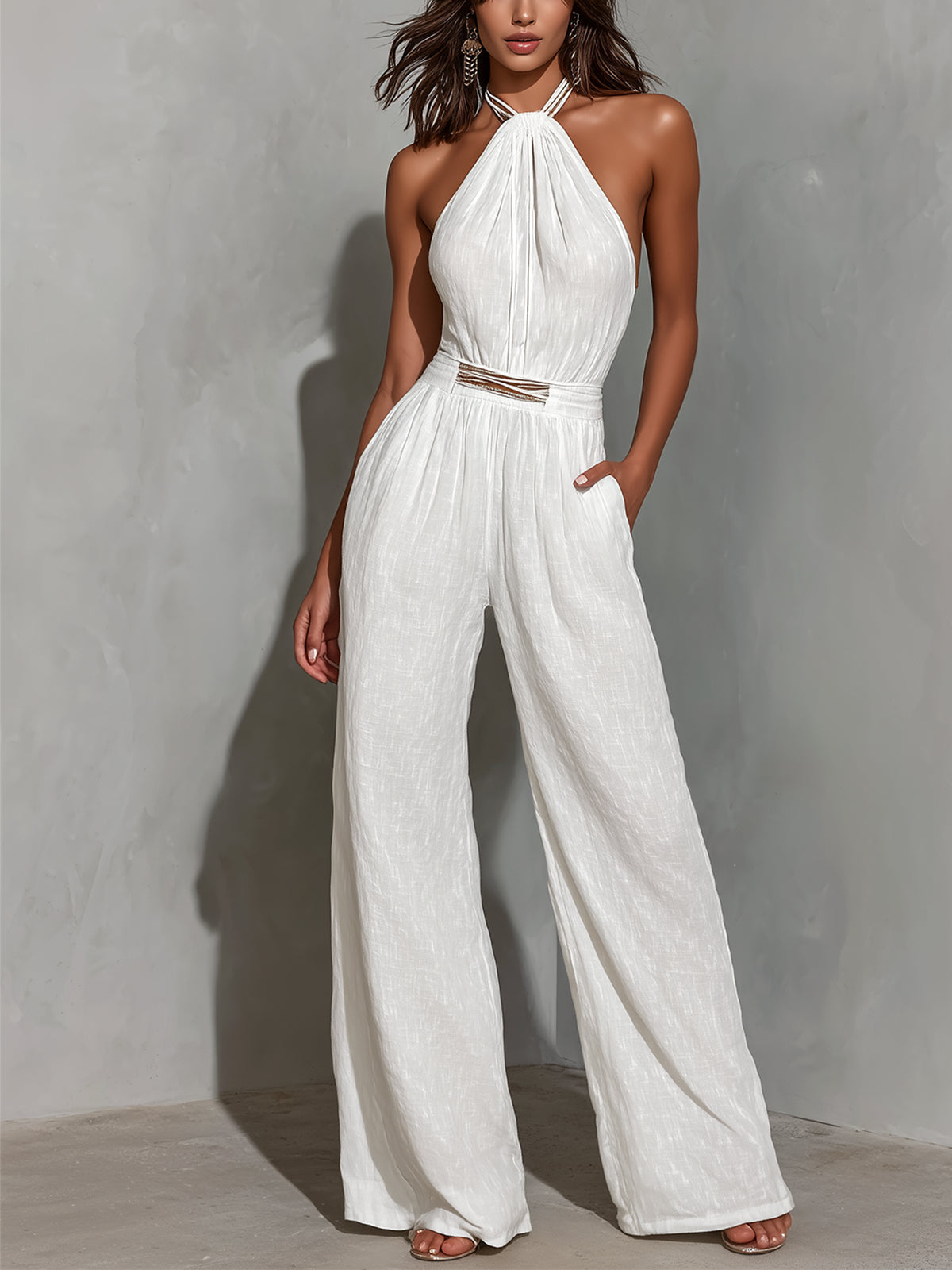 Mono sin mangas de algodón-lino blanco con cuello halter