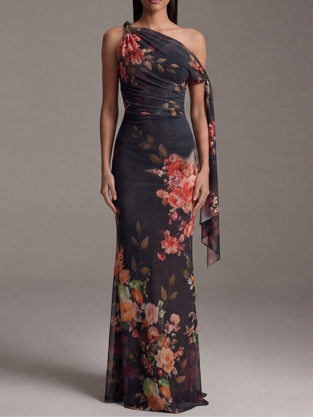 Vestido Maxí de Chiffón Plisado Impreso de Un Hombro Negro