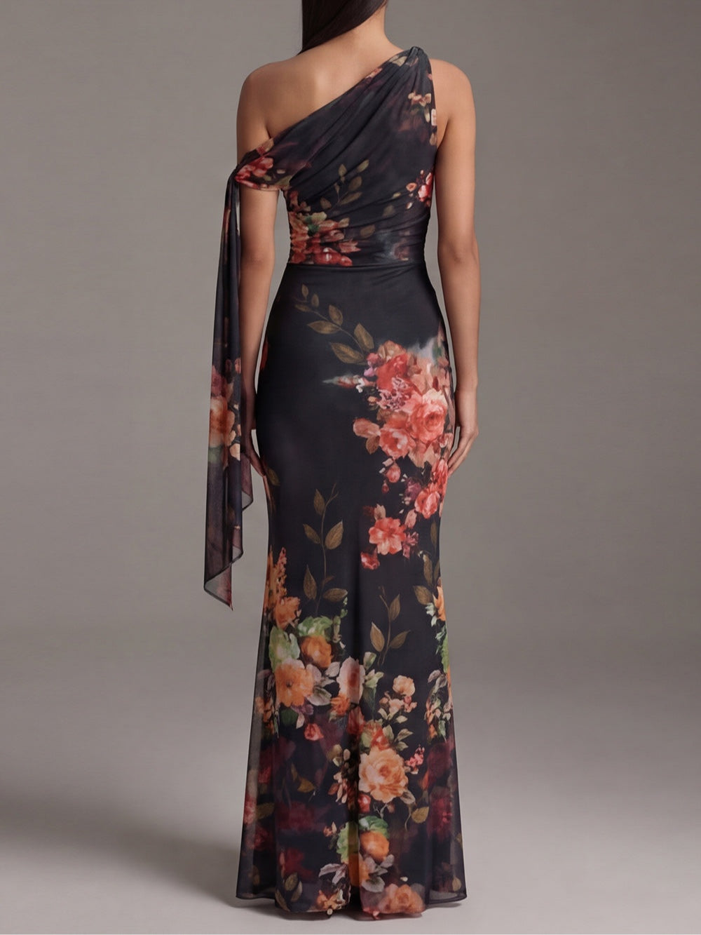 Vestido Maxí de Chiffón Plisado Impreso de Un Hombro Negro
