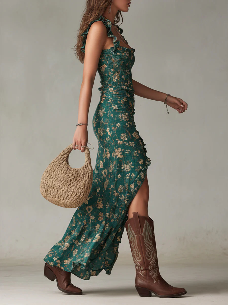 Vestido Maxi Impreso Bohemio Verde con Mangas Voladas