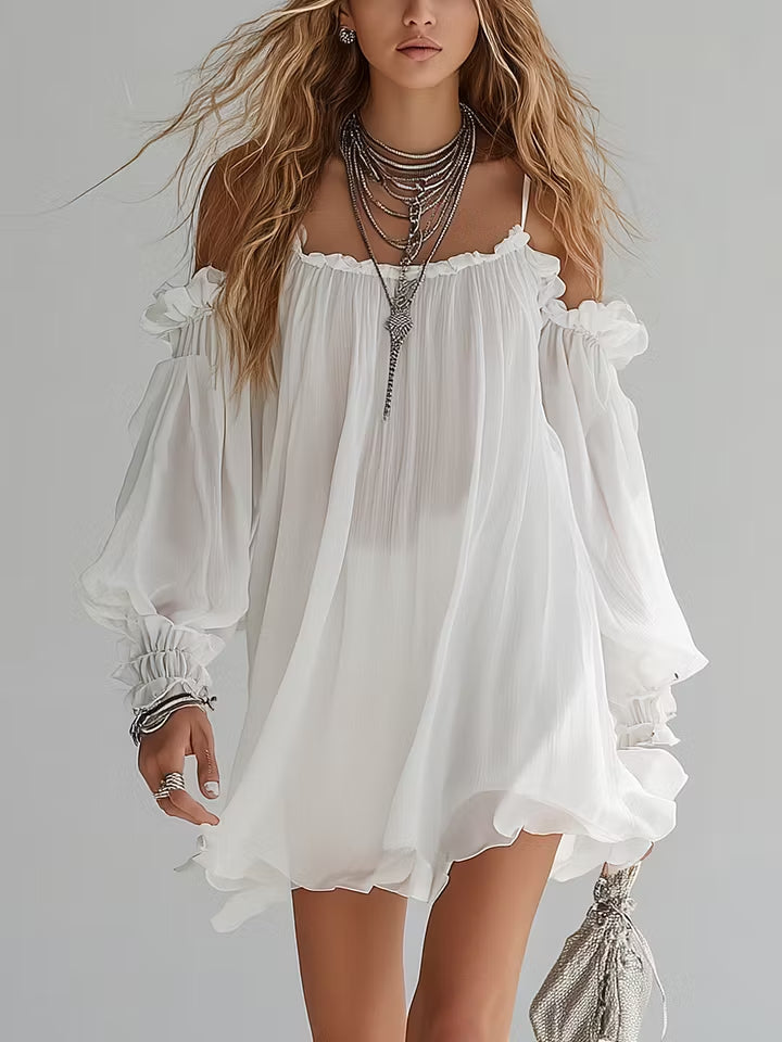 Vestido Mini Estilo Bohemio Fluido Sin Hombros
