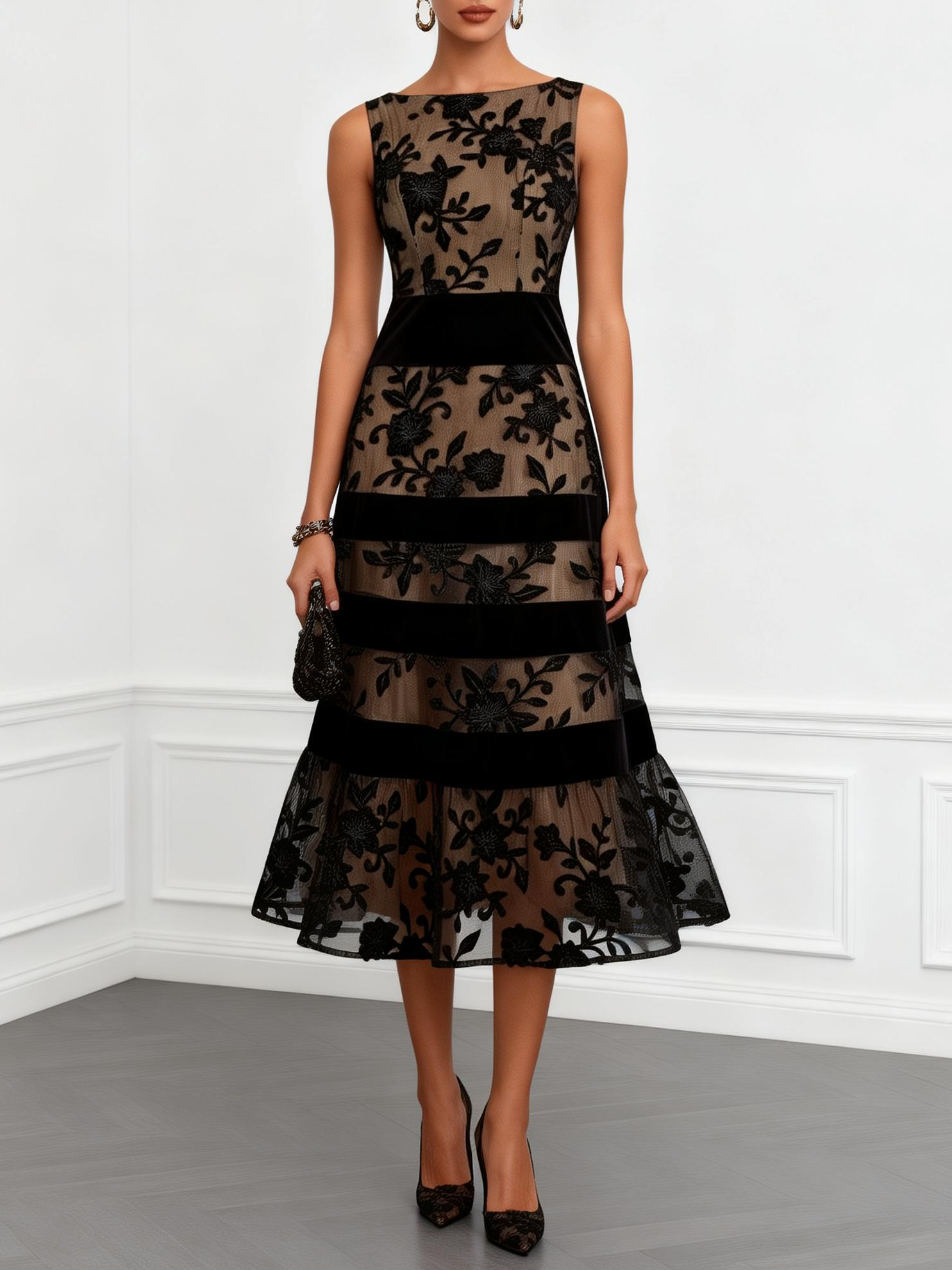 Vestido Midi A-Line Sin Mangas de Malla Negra con Flores
