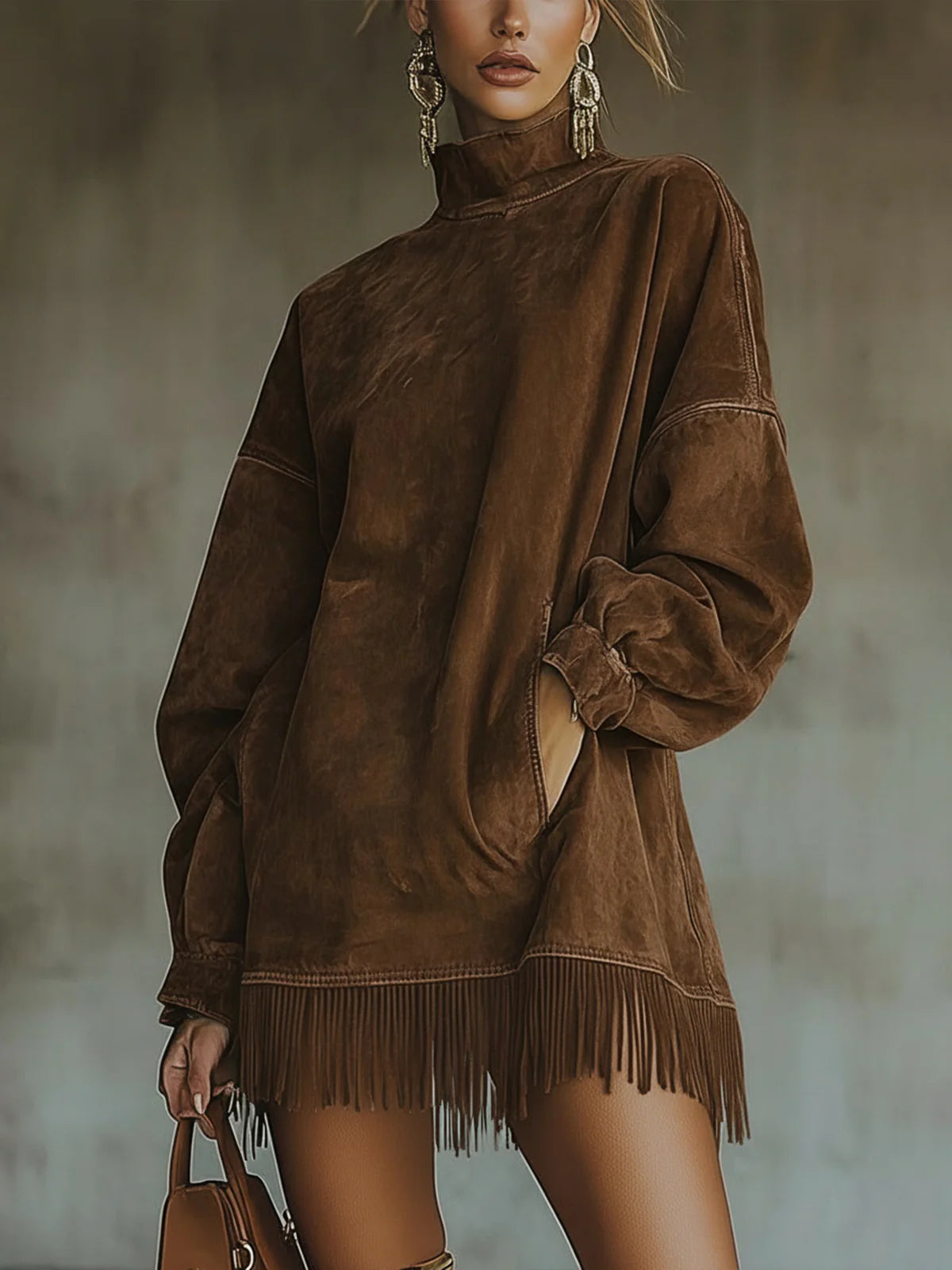 Gabriela | Suede Dress with High Neck and Fringes