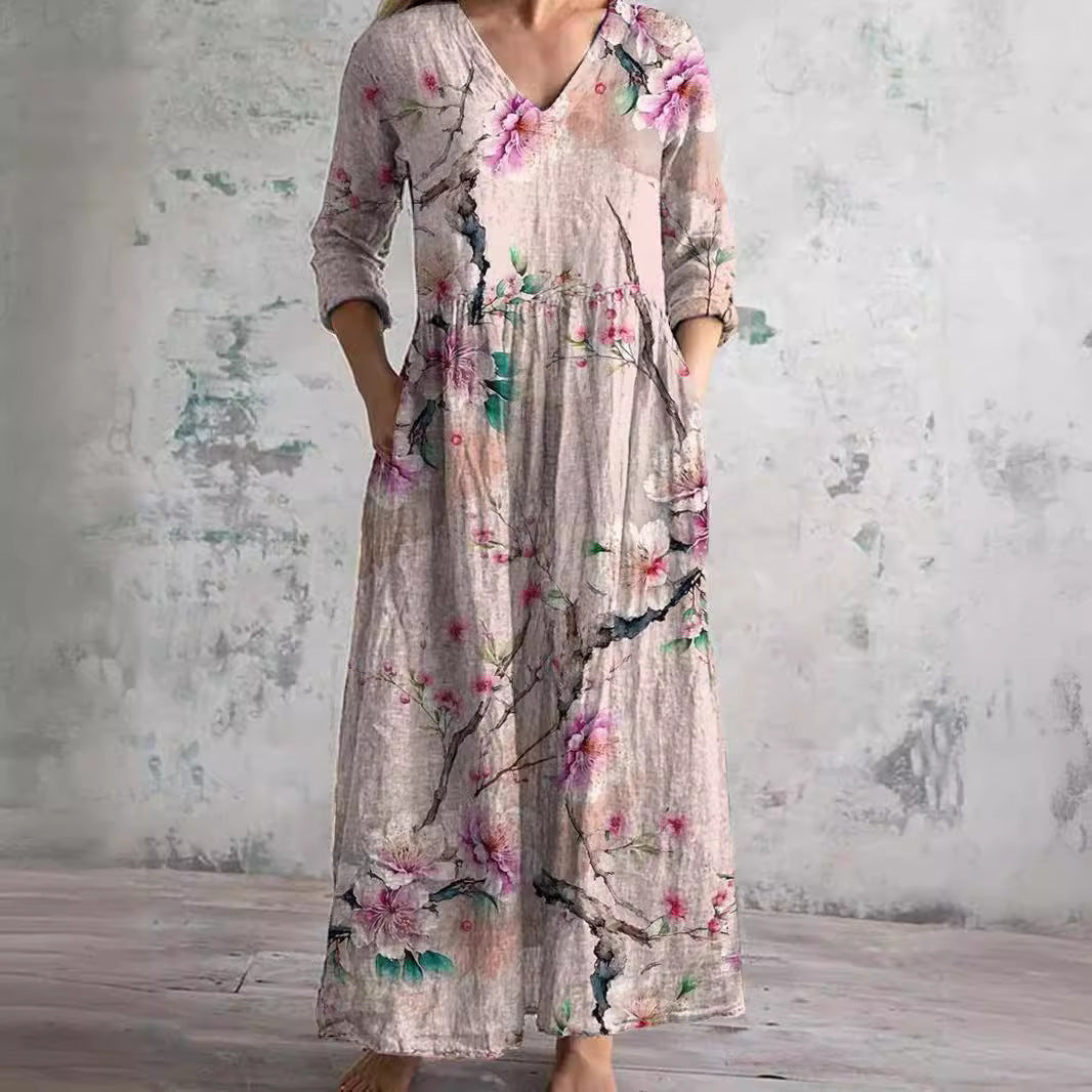 Dearyn | Sommar Maxi Klänning med V-ringning och Blommönster