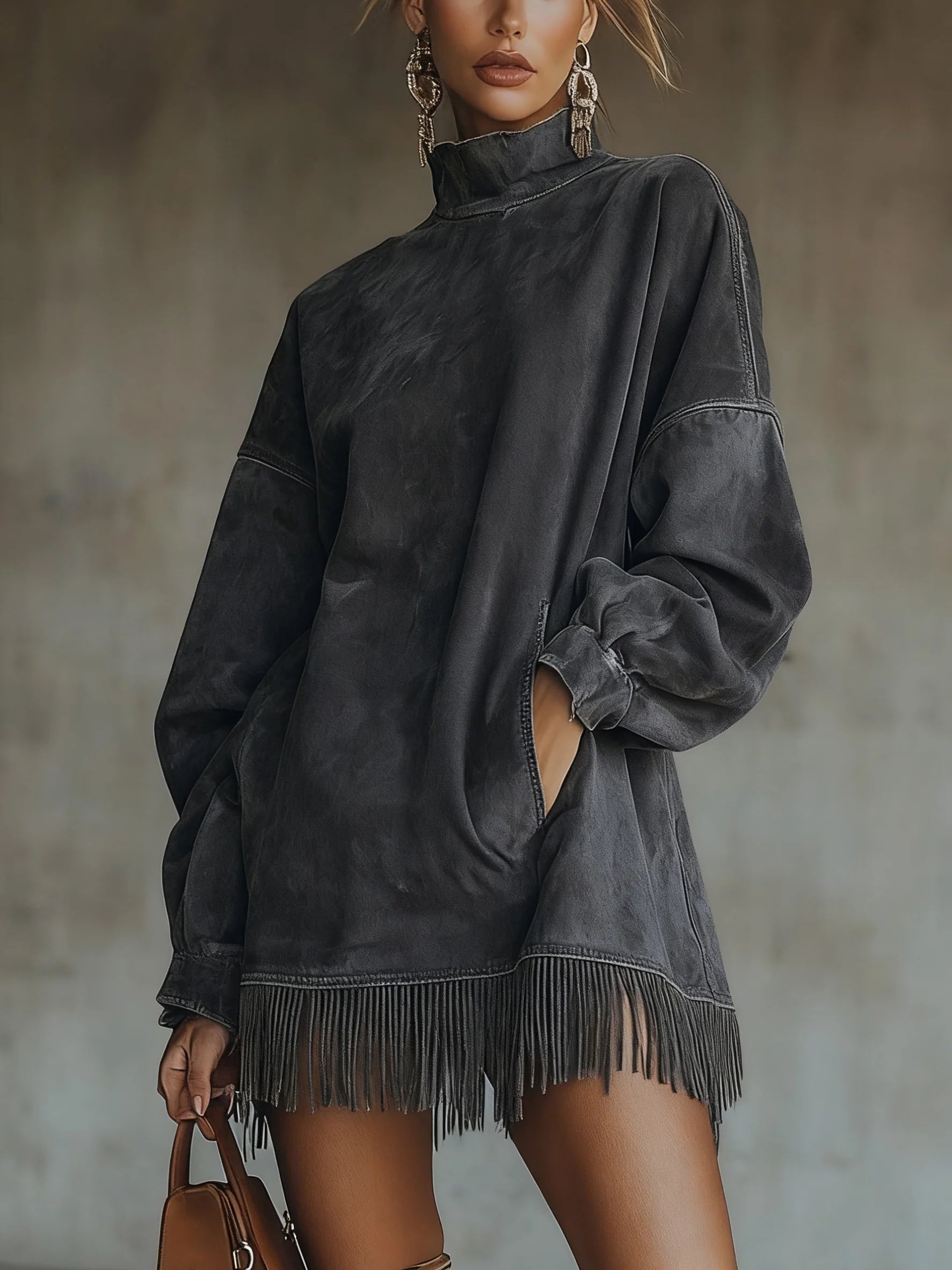Gabriela | Suede Dress with High Neck and Fringes