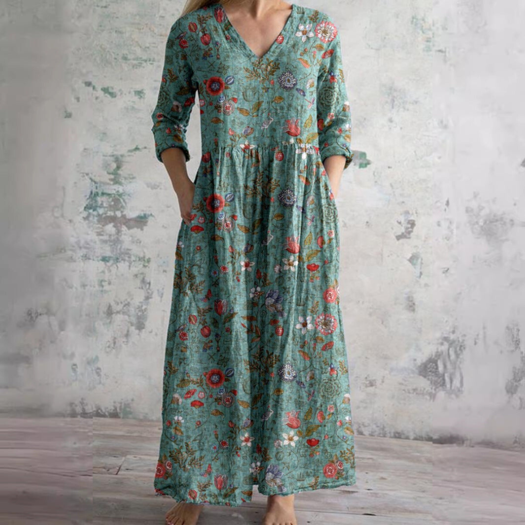 Dearyn | Sommar Maxi Klänning med V-ringning och Blommönster