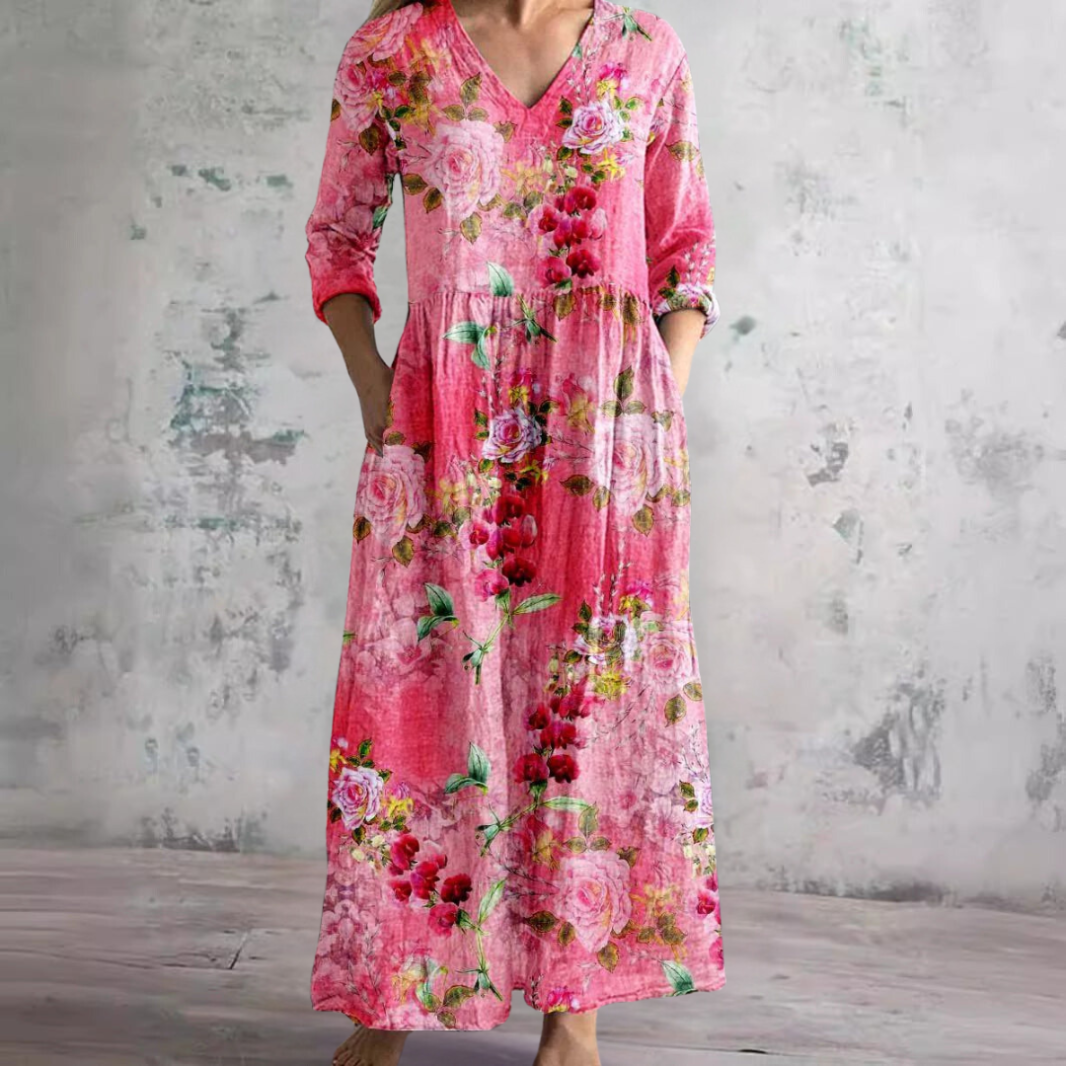 Dearyn | Sommar Maxi Klänning med V-ringning och Blommönster