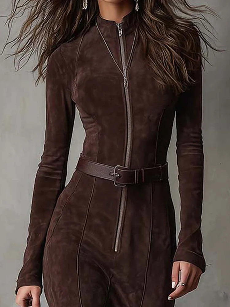 Marsella | Long Brown Dress with Belt