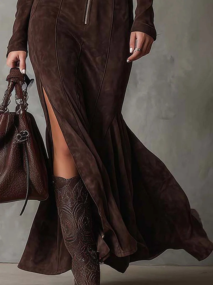 Marsella | Brown long dress with belt