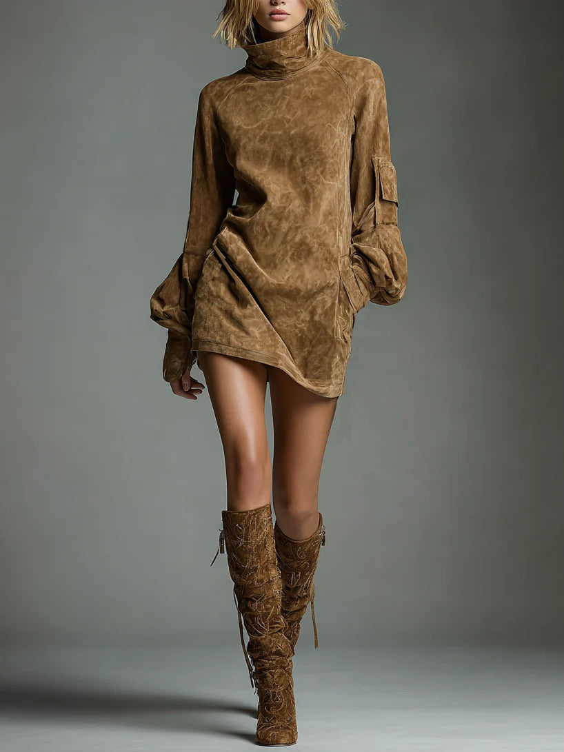 Buy | Loose-Fit Suede Mini Dress with High Neck