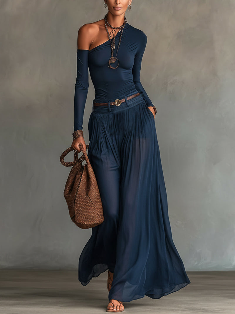 Conjunto de Top Asimétrico en Azul Marino y Falda de Tul Transparente (con cinturón)