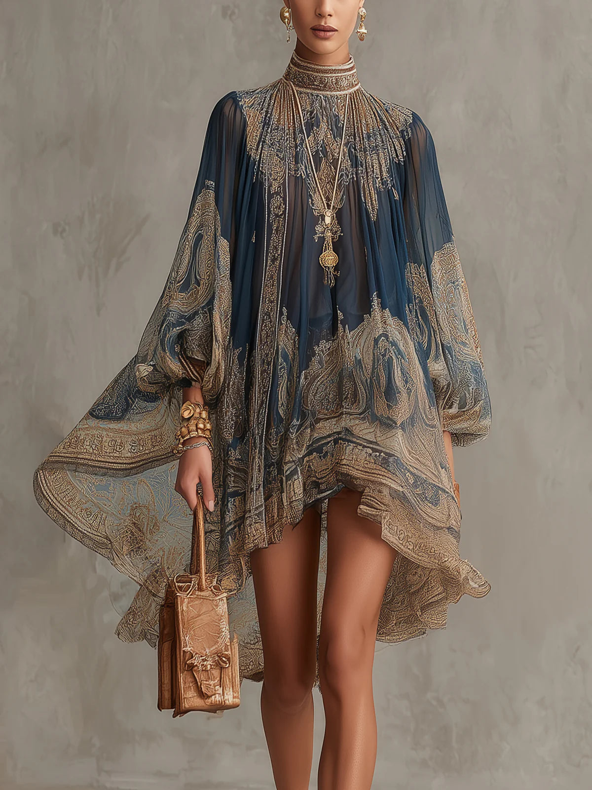Vestido Mini de Chifón Irregular de Cuello Alto con Estampado Barroco en Azul Marino