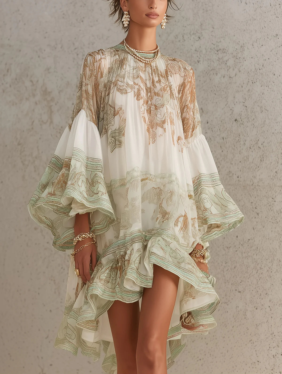Vestido Mini de Chifón con Volantes y Mangas Acampanadas en Verde