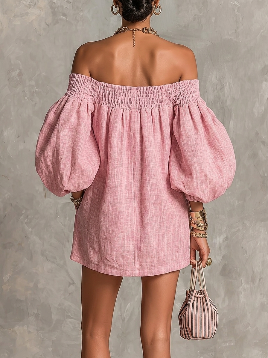 Vestido Mini A-line Suelto de Manga Lantern Rosa