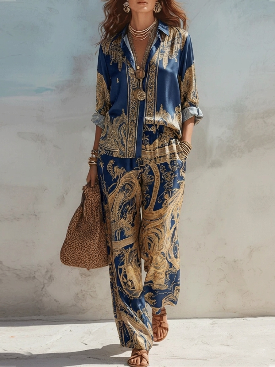Conjunto de Camisa con Estampado Barroco en Color Marino y Pantalones de Pierna Ancha