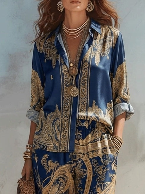 Conjunto de Camisa con Estampado Barroco en Color Marino y Pantalones de Pierna Ancha