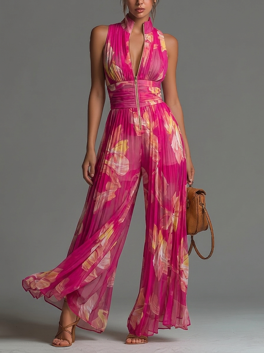 Mono de Chifón Sin Mangas con Cremallera Plisado de Estampado Floral Fucsia