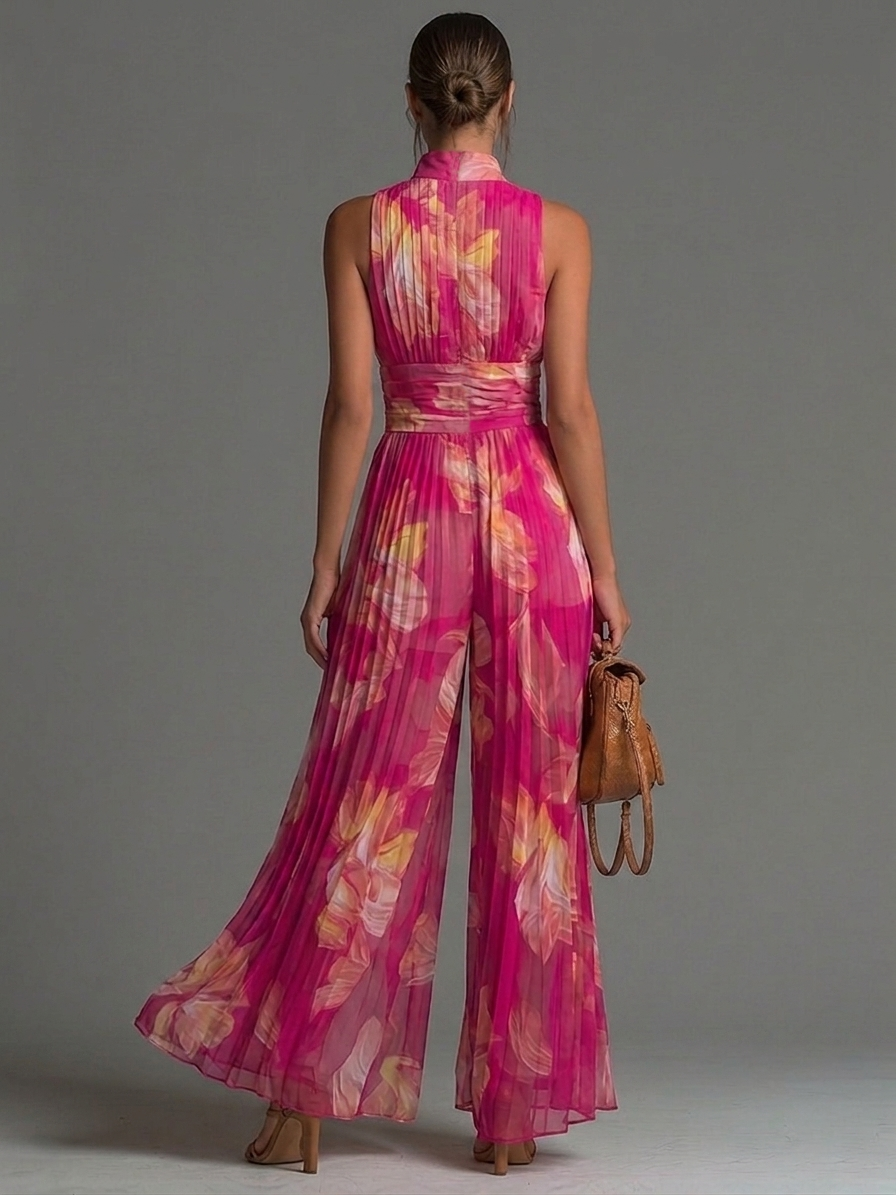 Mono de Chifón Sin Mangas con Cremallera Plisado de Estampado Floral Fucsia