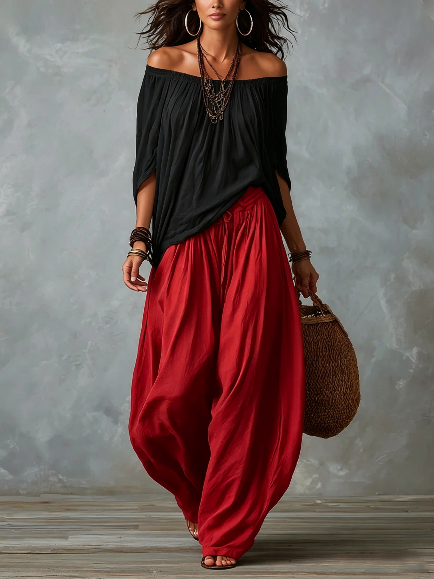 Top Negro Off-shoulder y Pantalones Lantern Rojos Holgados